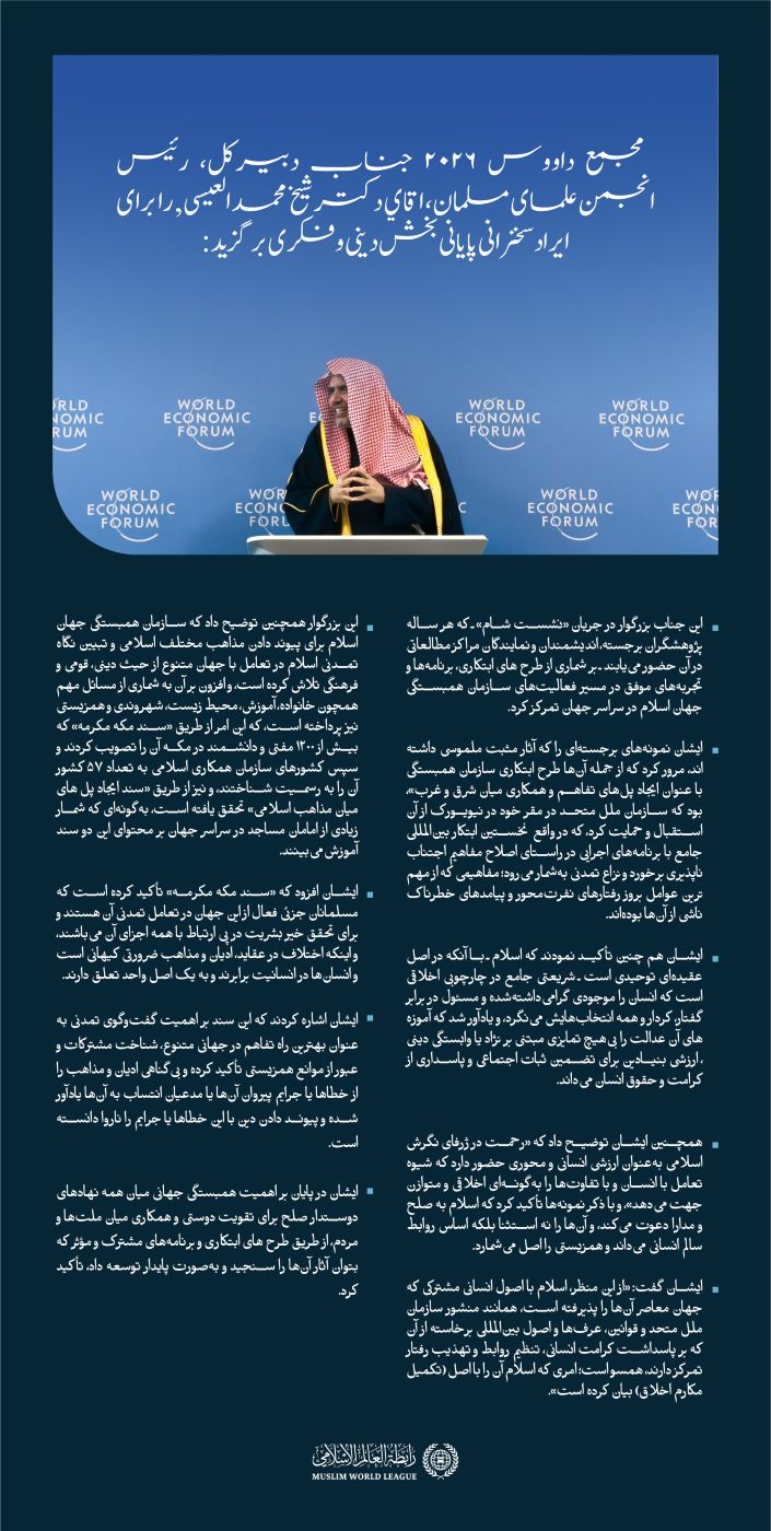 گزیده‌هایی از سخنرانی پایانی بخش دینی و فکری که جناب آقای دبیرکل، رئیس انجمن علمای مسلمان، اقاي دکتر شيخ محمد العیسی , در مجمع داووس ۲۰۲۶ ایراد کرد