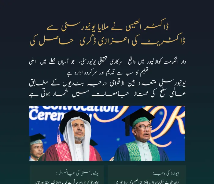 ملایا اسٹیٹ یونیورسٹی”آسیان کی سب سے مشہور اور درجہ بندی میں سرفہرست “ نے عزت مآب شیخ ڈاکٹر محمد العیسی کو دنیا بھر میں اسلامی سفارت کاری میں شاندار کاوشوں کے اعتراف میں سیاسیات میں ڈاکٹریٹ کی اعزازی ڈگری سے نوازا ہے۔