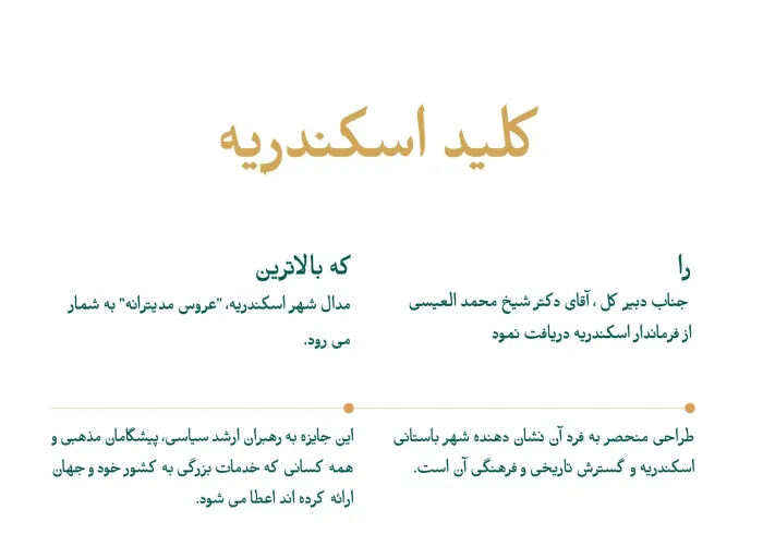 "در طی یک پذیرایی رسمی": فرماندار اسکندریه ، جناب آقای محمد الشریف، کلید اسکندریه را به جناب دبیر کل، آقای دکتر شیخ محمد العیسی تقدیم نمود، " جهت اطلاع از جزئیات بیشتر ، مشاهده کنید "
