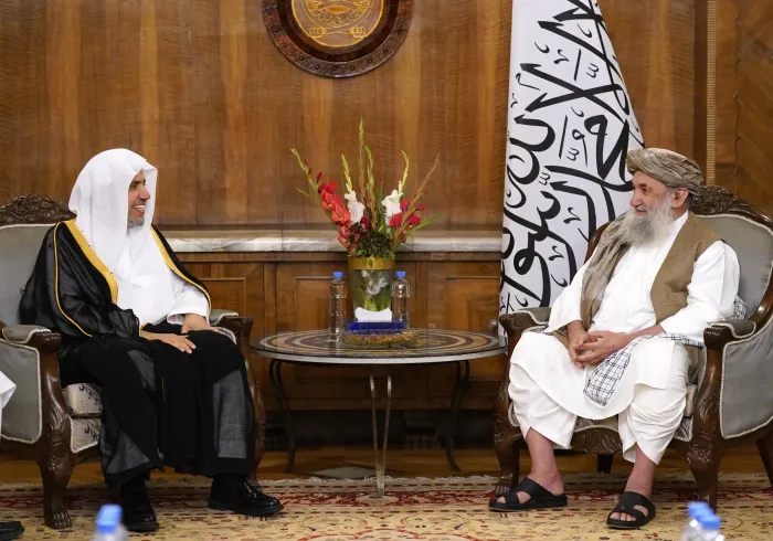On the occasion of a grand official reception, Mullah Mohammad Hasan Akhund, Prime Minister of Afghanistan, received H.E. Sheikh Dr. Mohammed Alissa, Secretary-General of the Muslim World League (MWL) and Chairman of the Organization of Muslim Scholars
