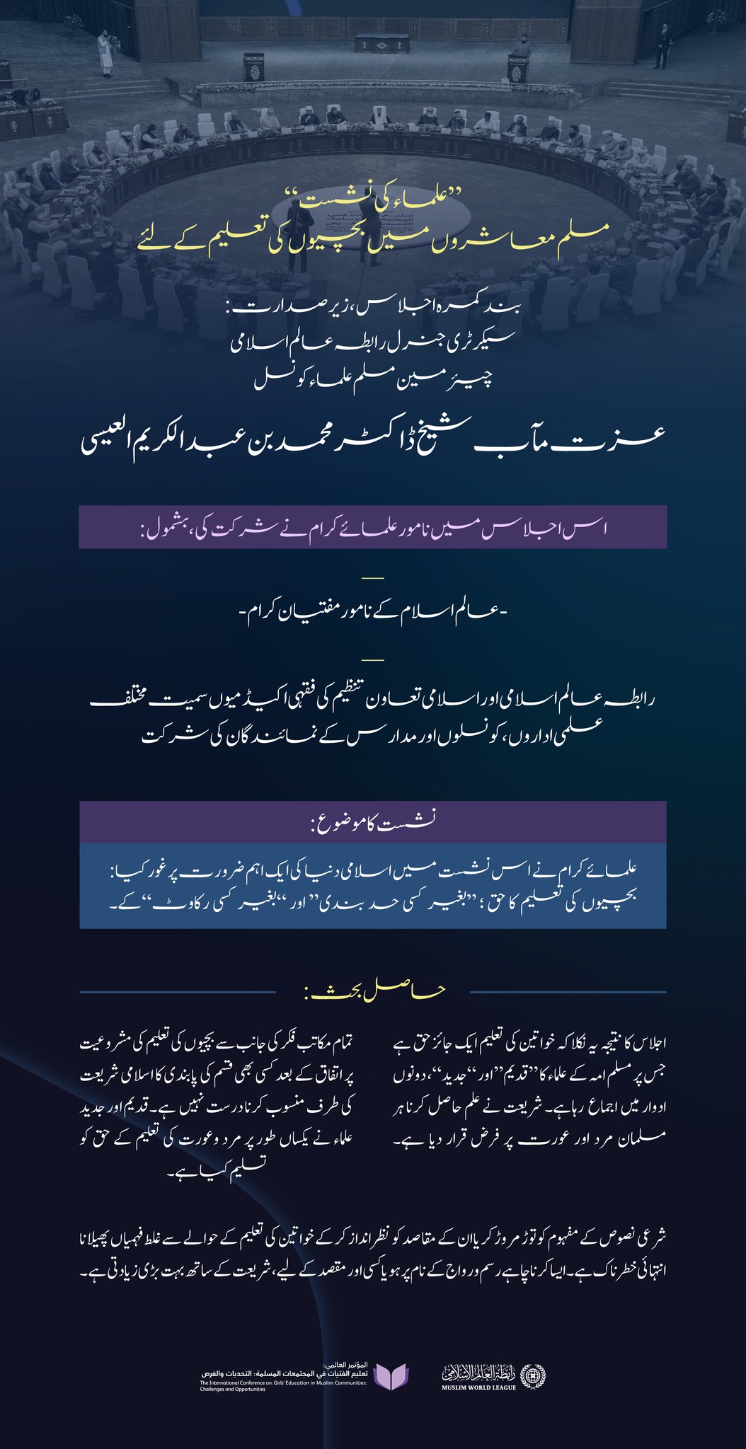 عزت مآب ڈاکٹر محمد العيسى کی صدارت میں: معزز علمائے کرام اور مفتیان عظام کی شرکت کےساتھ، عالمی کانفرنس”مسلم معاشروں میں لڑکیوں کی تعلیم: چیلنجز اور مواقع“ کے تحت منعقدہ علماء کی بند کمرہ نشست میں زیر بحث آنے والے اہم نکات کا جائزہ