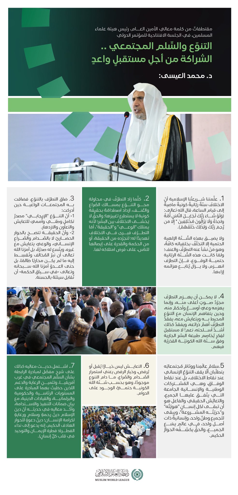 ‏مقتطفات من كلمة معالي الأمين العام، رئيس هيئة علماء المسلمين، الشيخ د. ⁧‫محمد العيسى‬⁩ ‬⁩، خلال انطلاق مبادرةِ الرابطة للسِّلم المجتمعيّ في غرب أفريقيا، بالعاصمة النيجيرية “أبوجا”، من خلال مؤتمرها الدّولي، برعاية فخامة الرئيس النيجيري، ومشاركة مختلف التنوع الديني "الإسلاميّ والمسيحي"،وعدد من البرلمانيين والوزراء وحكام الولايات: