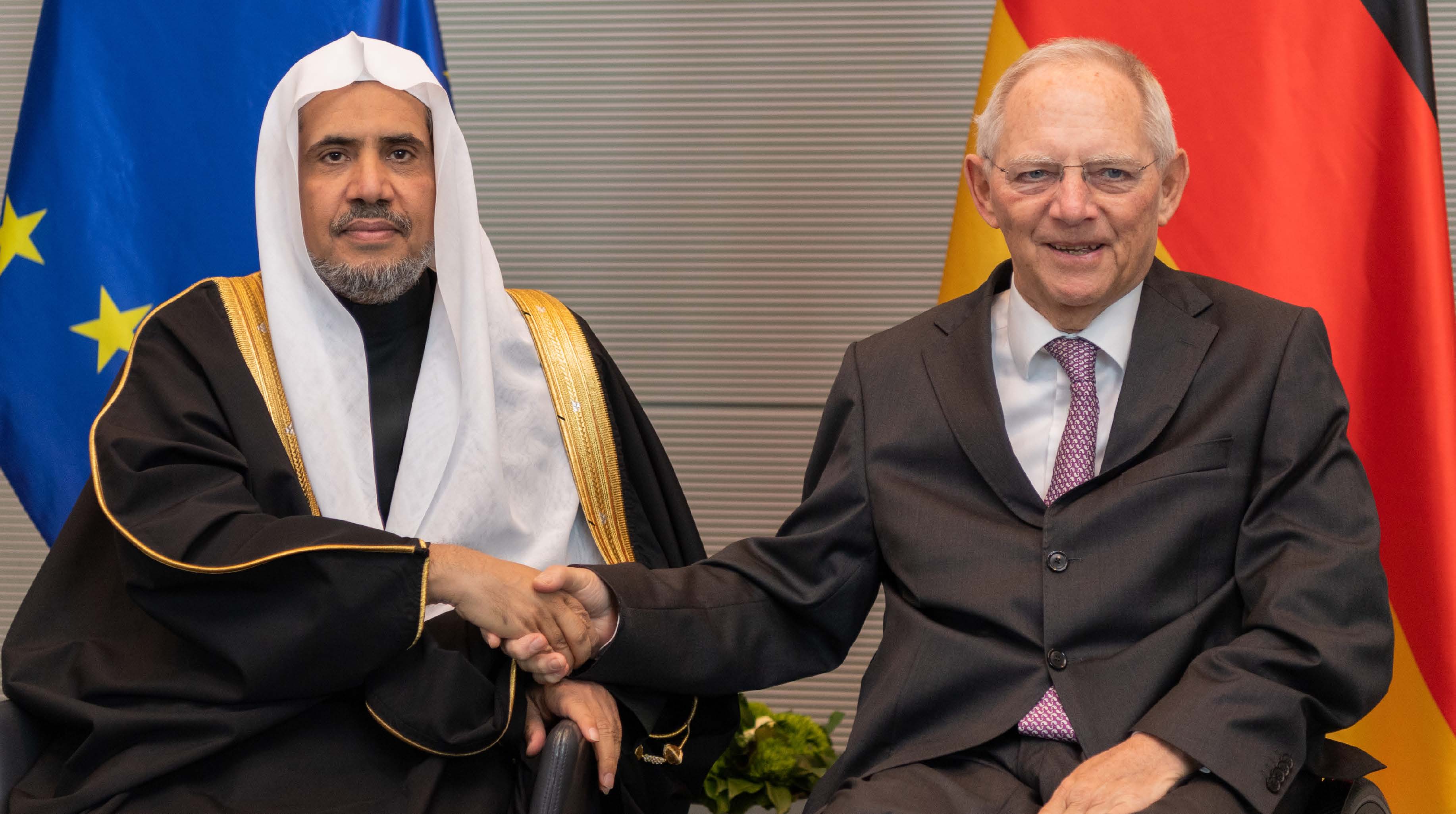 His Excellency the Speaker of the German Parliament Mr. Wolfgang Schäuble welcomes His Excellency Sheikh Dr. Mohammed bin Abdul Karim Al-Issa to the Parliament building for a dialogue