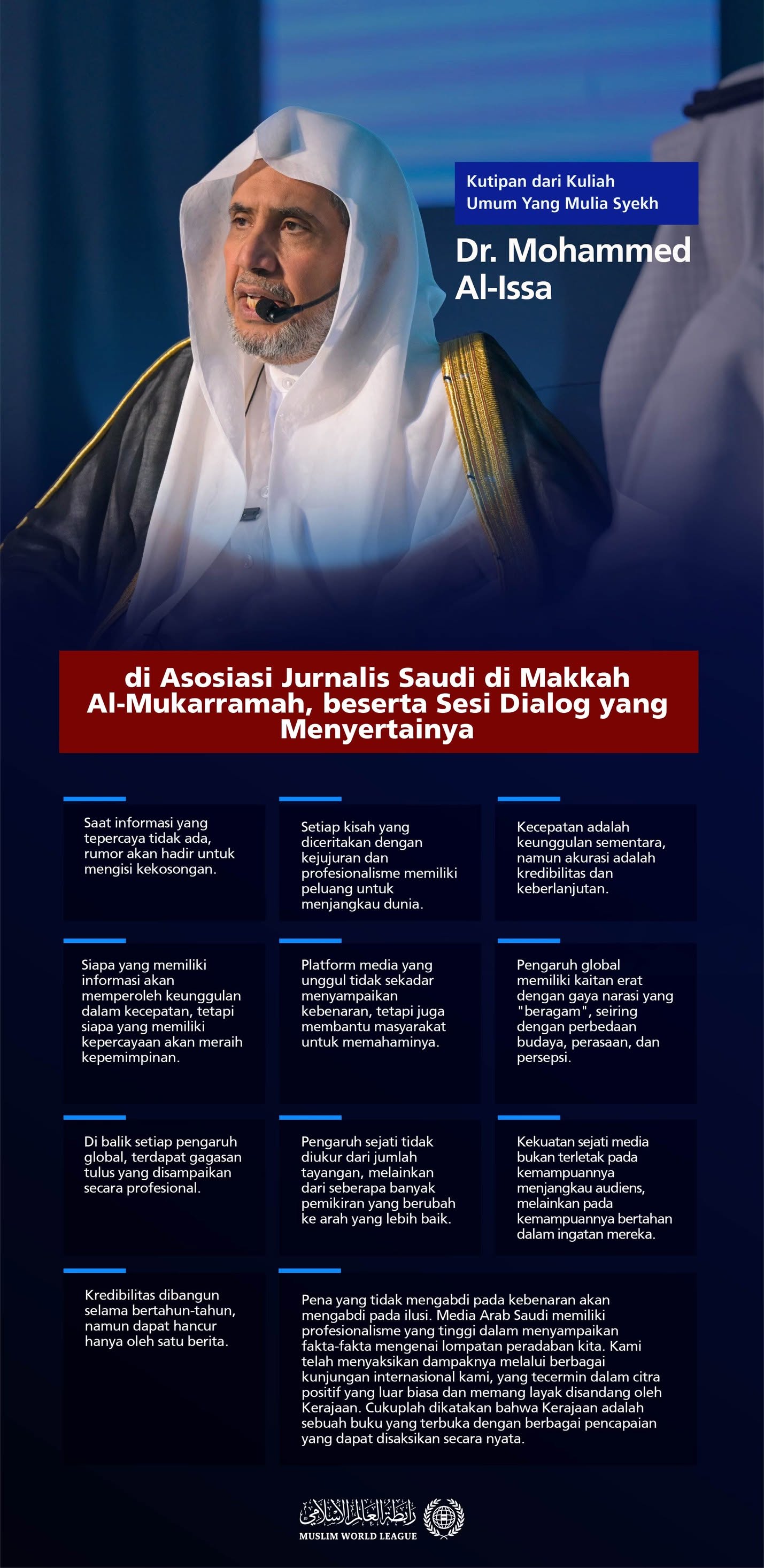 Kutipan dari kuliah umum Yang Mulia Syekh Dr. Mohammed Al-Issa, di Asosiasi Jurnalis Saudi di Makkah Al-Mukarramah, beserta sesi dialog yang menyertainya:
