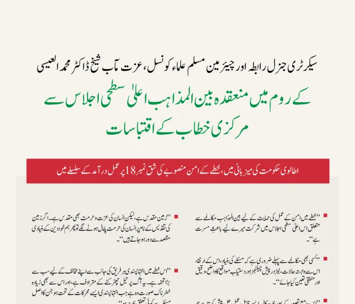 سیکرٹری جنرل رابطہ اور چیئرمین مسلم علماء کونسل، عزت مآب شیخ ڈاکٹر محمد العیسی کے اس مرکزی خطاب کے اہم اقتباسات، جو انہوں نے اطالوی حکومت کی میزبانی میں ”روم“ میں منعقدہ بین المذاہب مکالمے کے اعلیٰ سطحی اجلاس میں ”ویڈیو لنک“ کے ذریعے پیش کیا۔
