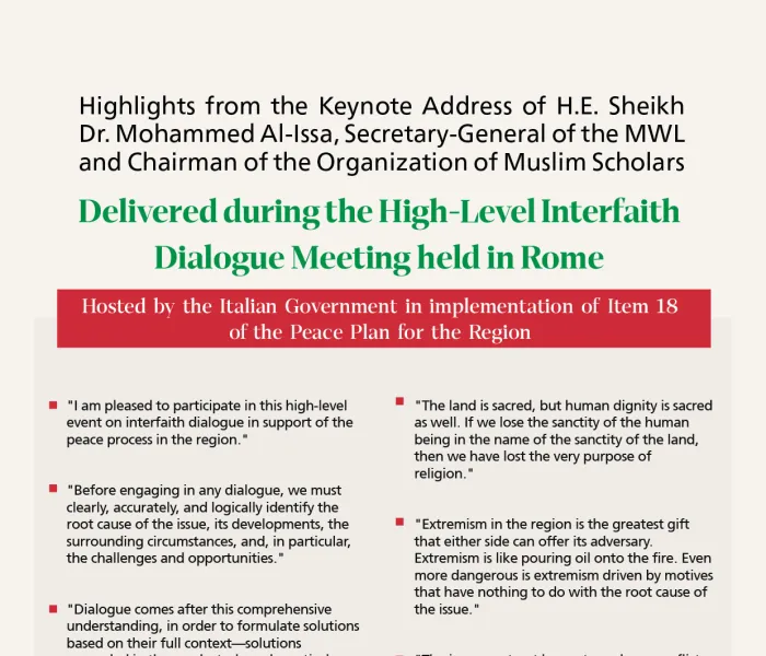 Highlights from the address by H.E. Sheikh Dr. Mohammed Al-Issa, Secretary-General of the Muslim World League (MWL) and Chairman of the Organization of Muslim Scholars, delivered remotely at the High-Level Interreligious Dialogue Meeting held in Rome and hosted by the Government of Italy.  The meeting was convened as part of the implementation of one of the key provisions of the Peace Plan for the Region, which emphasizes interreligious dialogue as a vital pillar in supporting the peace process.  H.E. repre
