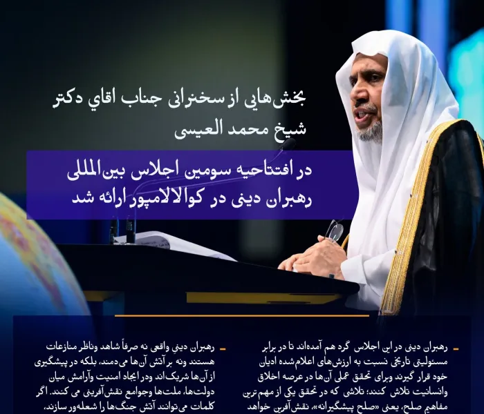 بخش‌هایی از سخنرانی اصلی جناب اقاي دکتر شيخ محمد العیسی، دبیرکل سازمان همبستگي جهان اسلام و رئیس انجمن علمای مسلمان، در افتتاحیه سومین اجلاس بین‌المللی رهبران دینی در کوالالامپور، پایتخت مالزی، ارائه شد.