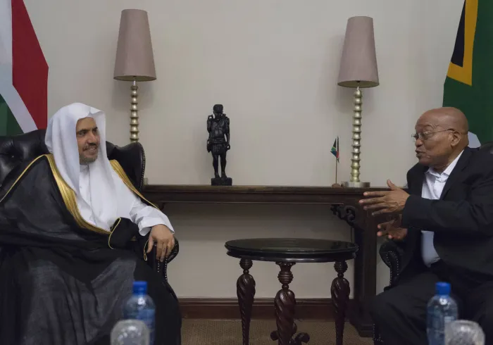 His Excellency the President of the Republic of South Africa Mr. Jacob Zuma welcomes His Excellency Sheikh Dr. Mohammed bin Abdul Karim Al-Issa at the Presidential Palace