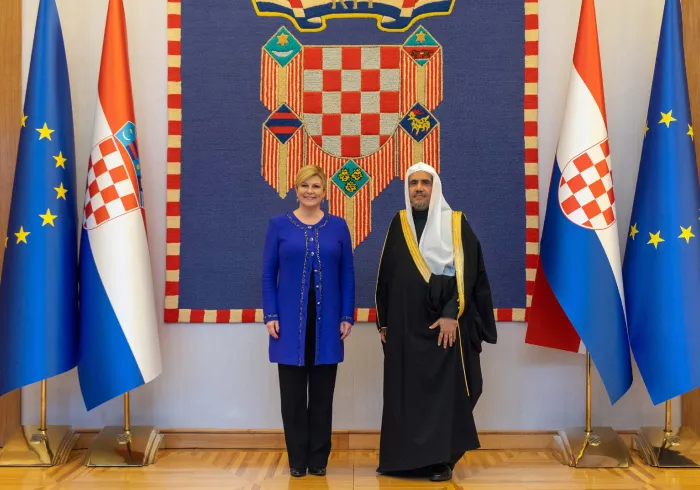 فخامة رئيسة كرواتيا السيدة كوليندا غرابار كيتاروفيتش في استقبال صاحب الفضيلة والمعالي الشيخ الدكتور محمد بن عبد الكريم العيسى بمقر رئاسة الجمهورية في العاصمة زغرب