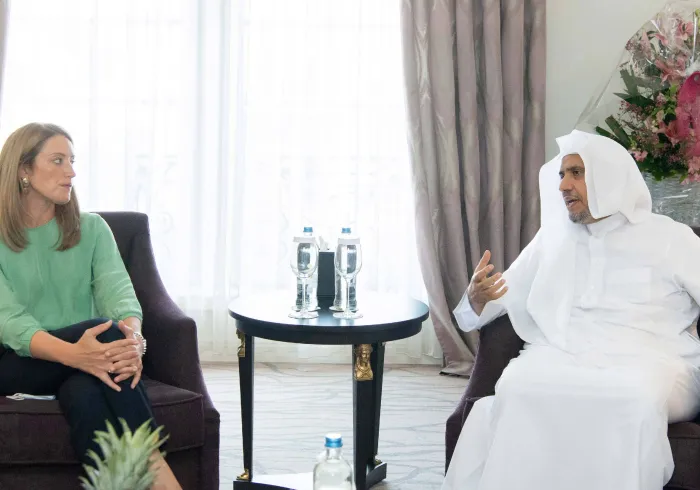 صاحب الفضيلة والمعالي الشيخ الدكتور محمد بن عبدالكريم العيسى يلتقي رئيسة البرلمان الأوروبي، السيدة روبرتا ميتسولا