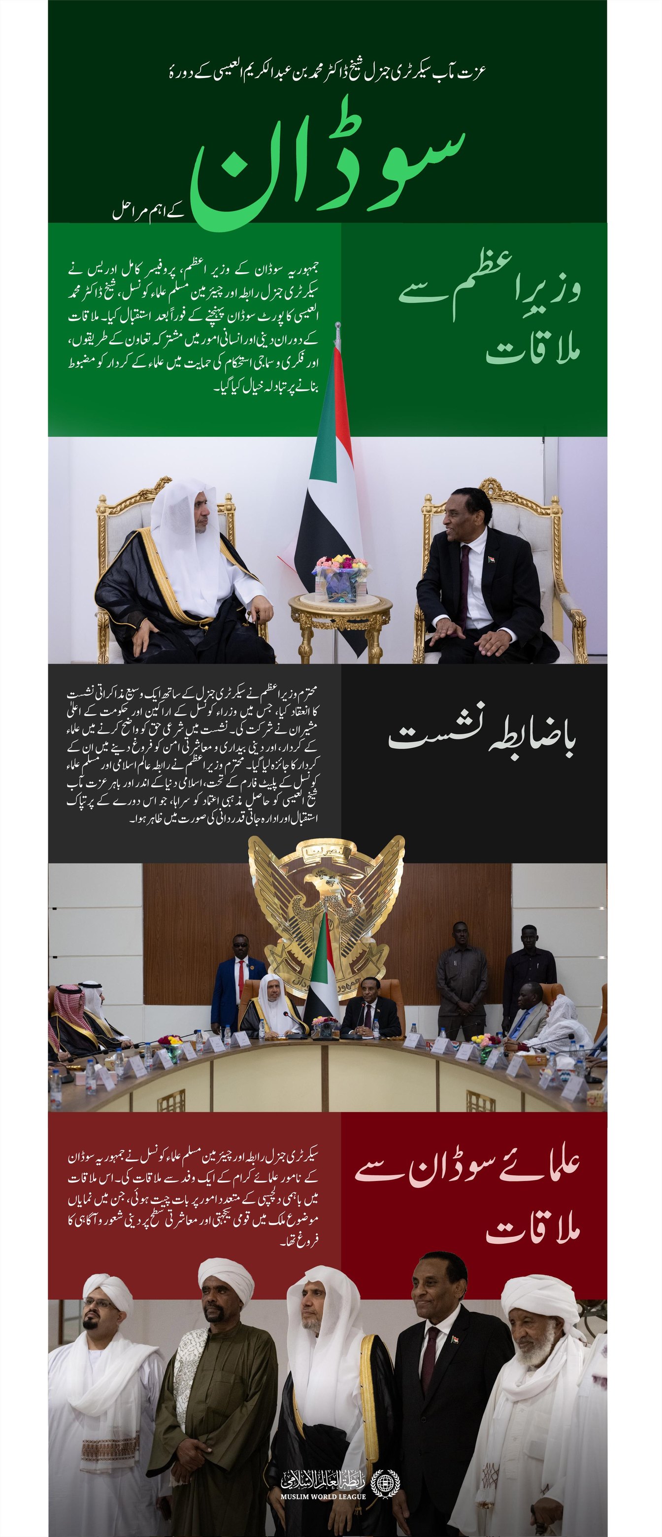 یہاں سیکرٹری جنرل رابطہ اور چیئرمین مسلم علماء کونسل، عزت مآب شیخ ڈاکٹر محمد العیسی کے دورۂ جمہوریہ سوڈان کے اہم ترین مراحل پیش کیے جا رہے ہیں: