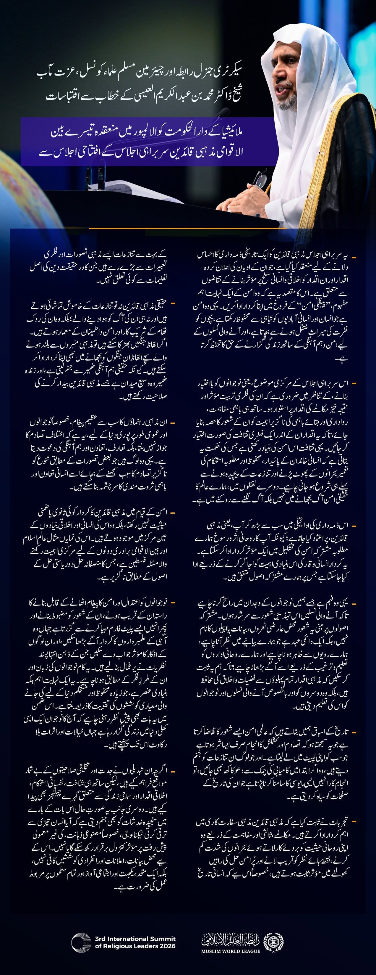 ملائیشیا کے دارالحکومت کوالالمپور میں منعقدہ تیسرے بین الاقوامی مذہبی قائدین سربراہی اجلاس کے افتتاحی اجلاس سے عزت مآب شیخ ڈاکٹر محمد العیسی کے مرکزی خطاب سے منتخب اقتباسات: