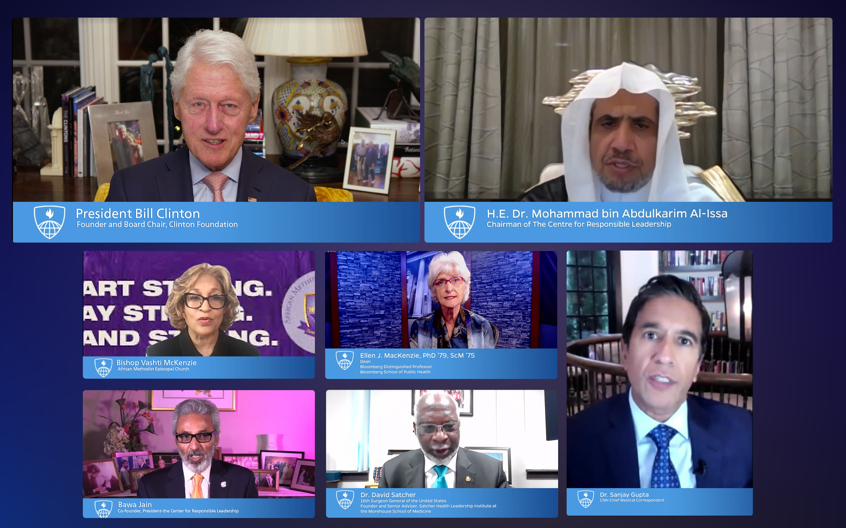 His Excellency Sheikh Dr. Mohammad Al-Issa, President Clinton, and John Hopkins Bloomberg School, during an international symposium discussing drug control.