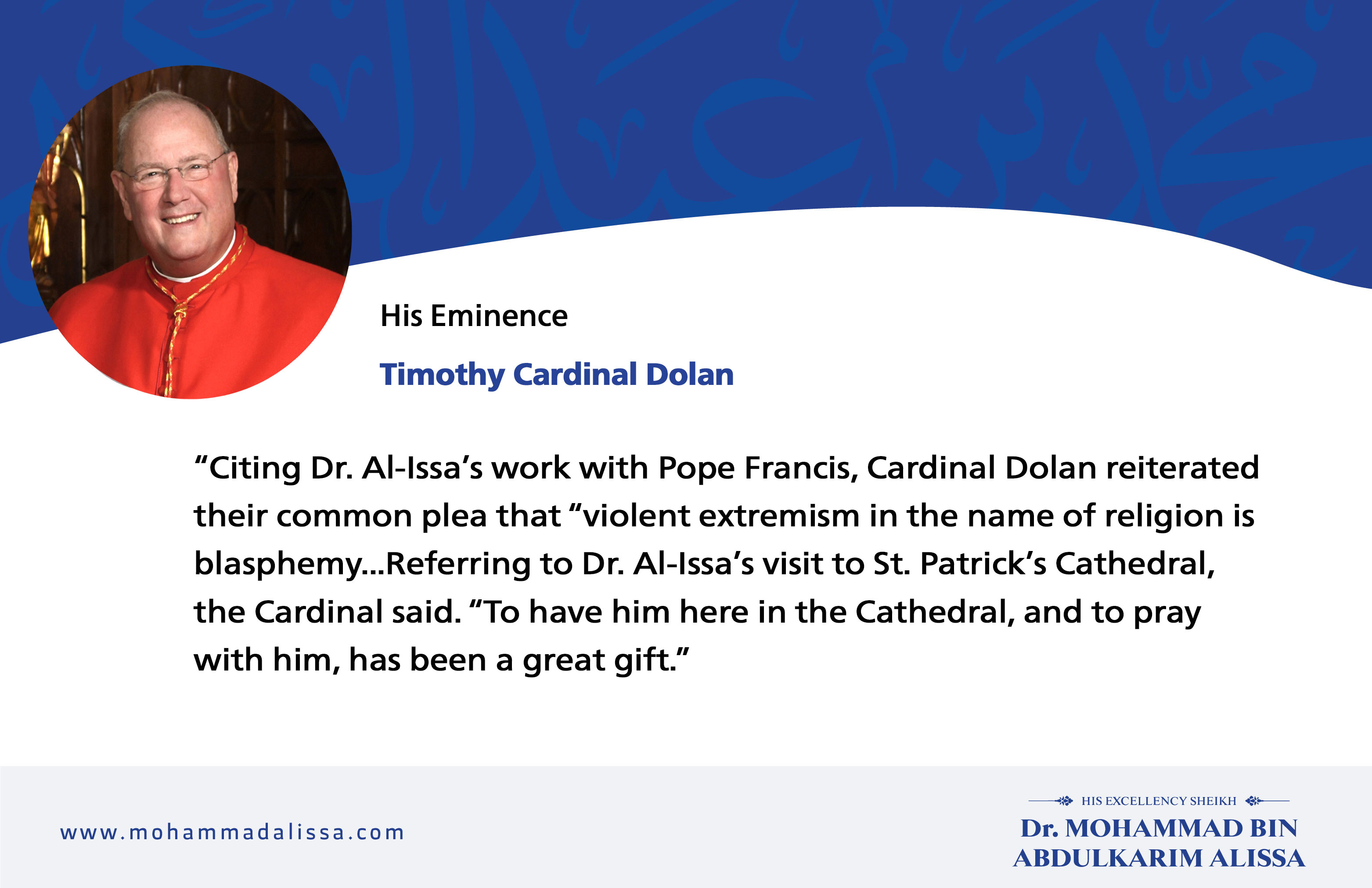 Dr. Al-Issa Commended Cardinal Dolan in Catholic New York for Interfaith Work with Catholics