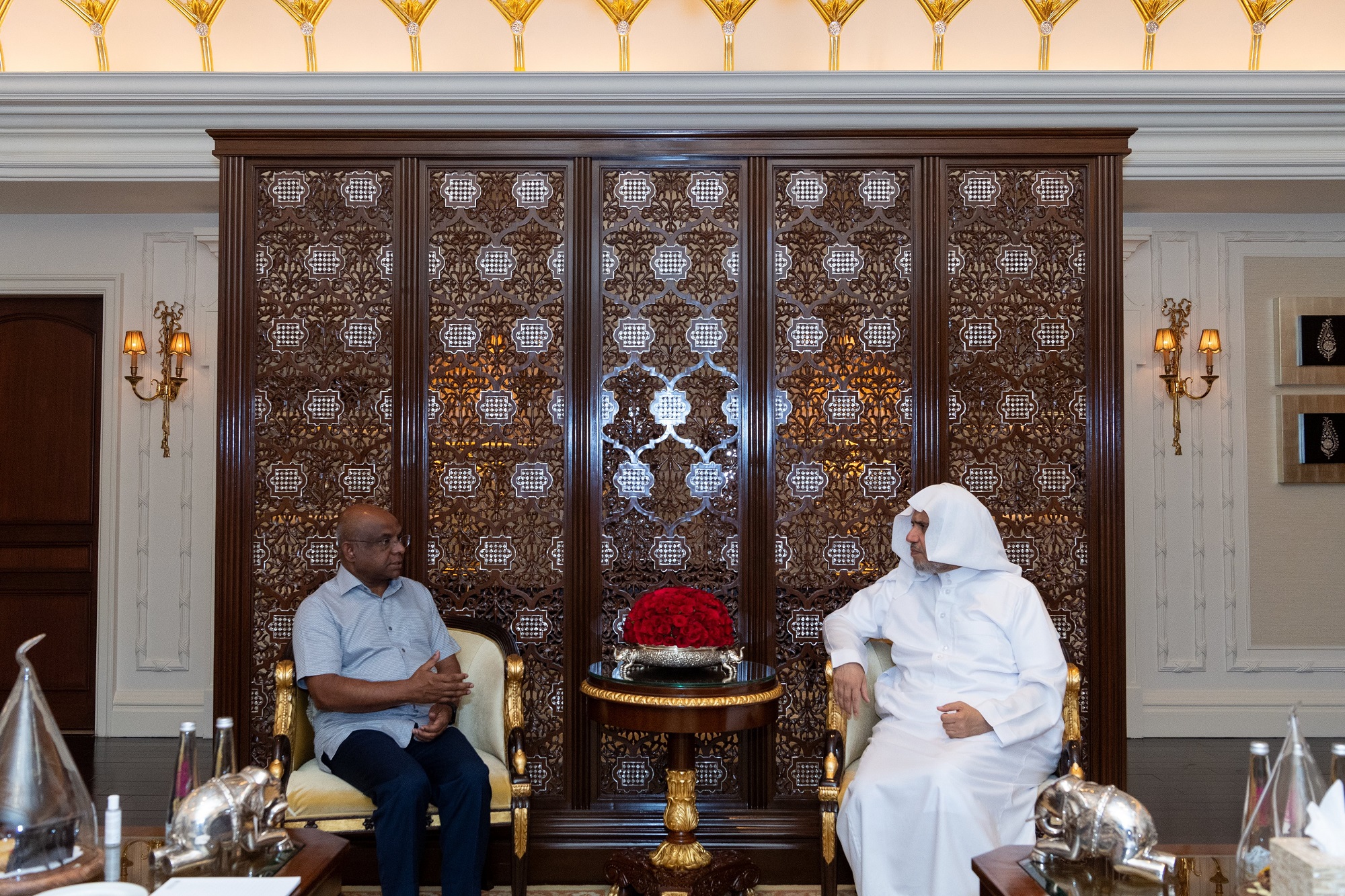 In New Delhi, His Excellency Sheikh Dr. Mohammed Al-Issa, met with His Excellency Mr. Abdulla Shaheed, Minister of Foreign Affairs of the Maldives.
